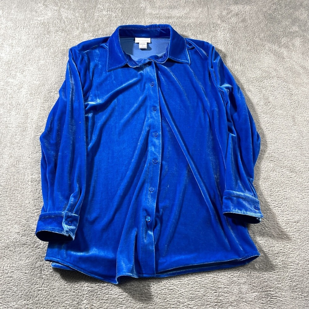 Soft Surroundings Womens Button Down Shirt‎ Velvet Blue Long Sleeve Collared Top